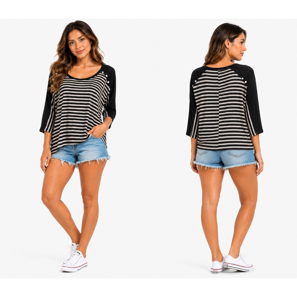Notations Tunic Top Womens XL Black White Striped Button Shoulder High Low Shirt